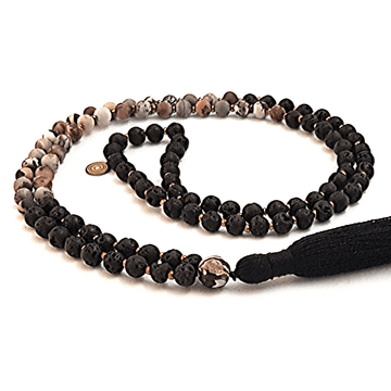 Handmade Peace Mala Necklace – Grass Flower Jasper & Lava for Calm curled on table